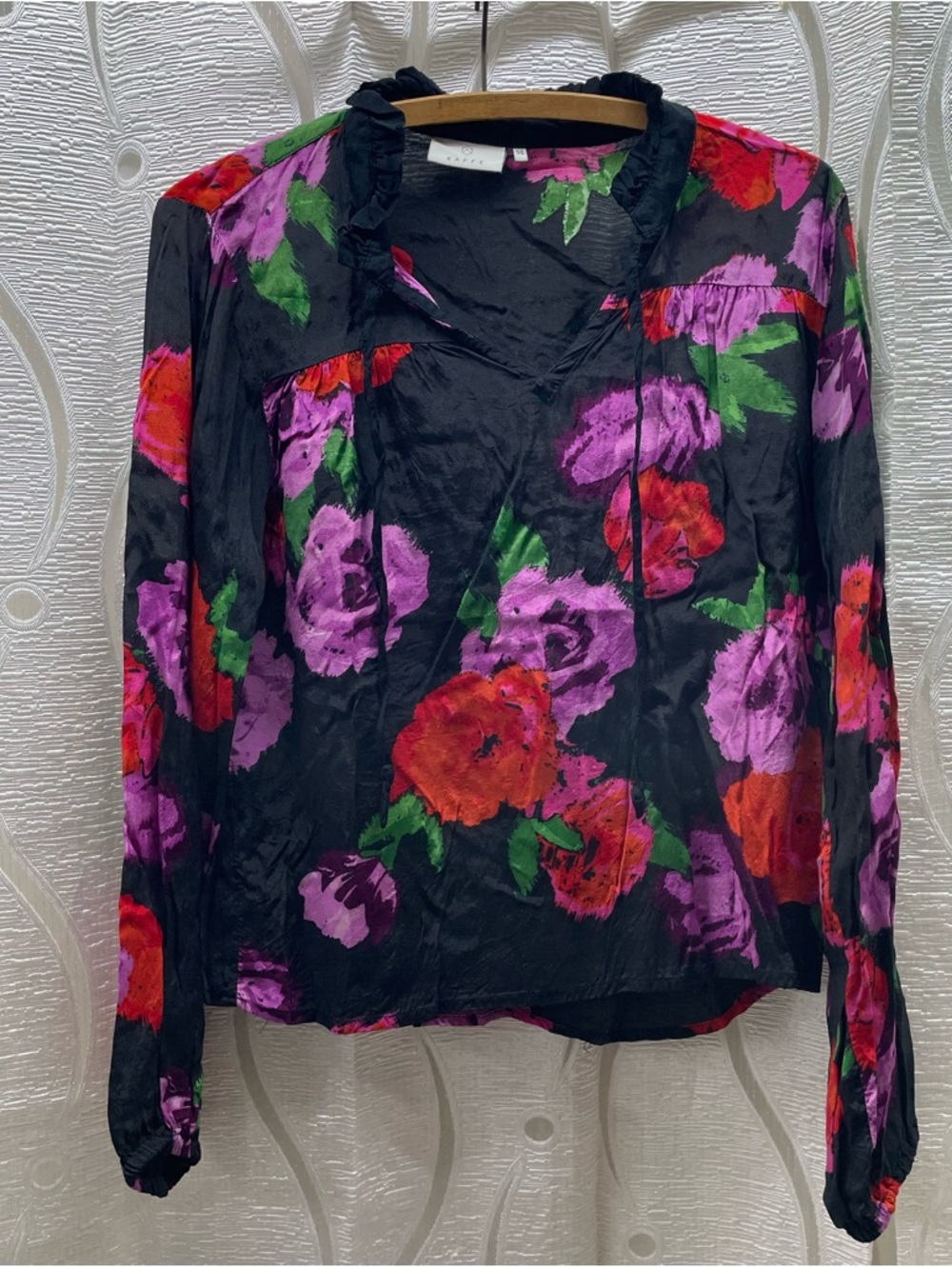 Black Floral V-Neck Long Sleeve Blouse with Red & Purple Blooms